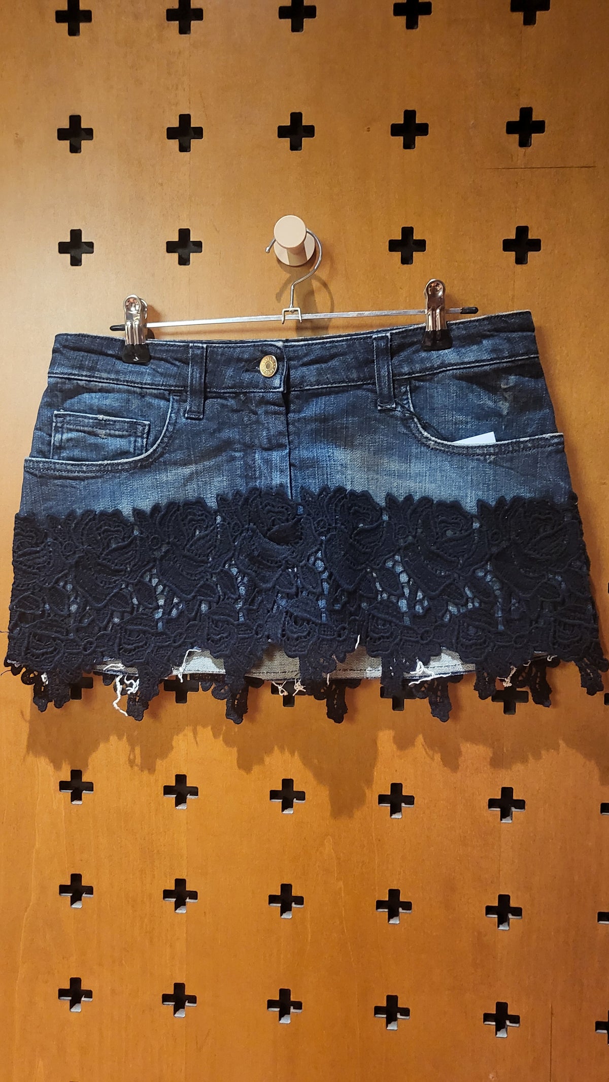 D&G (Dolce & Gabbana) denim mini skirt with lace edge trim