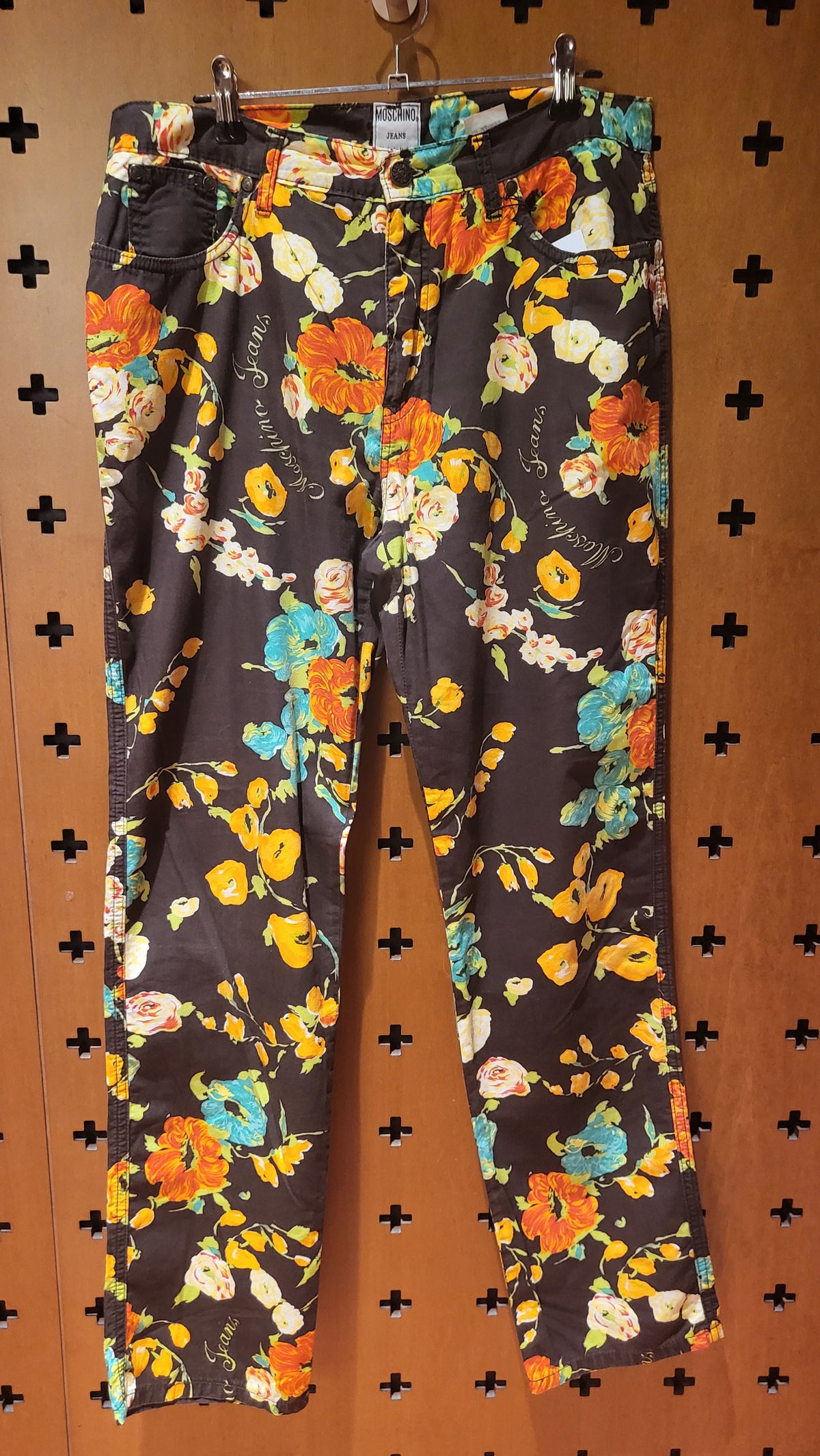 Moschino Brown Stretch Trousers with floral pattern