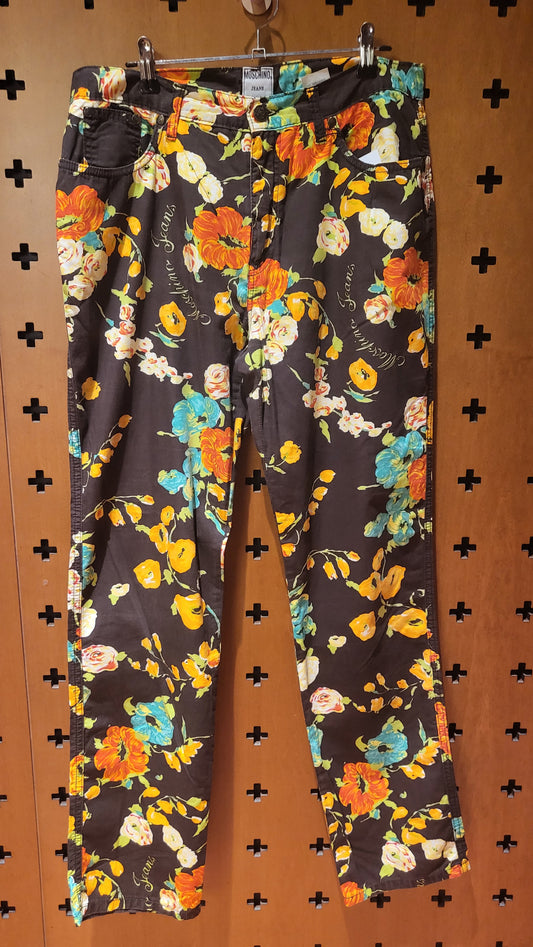 Moschino Brown Stretch Trousers with floral pattern