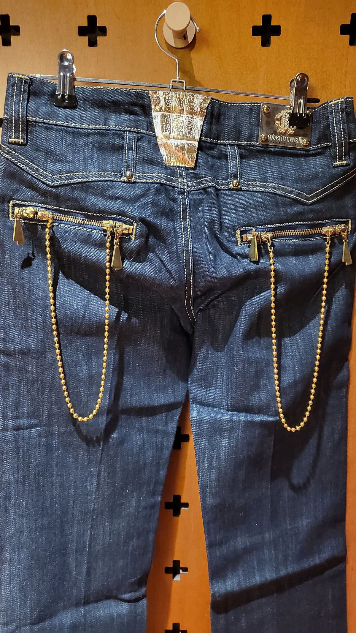 Roberto Cavalli indigo 90s jeans with chain at back pockets